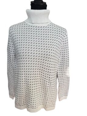 Karen Scott White Turtleneck Sweater with Black and Beige Dot Texture NWT